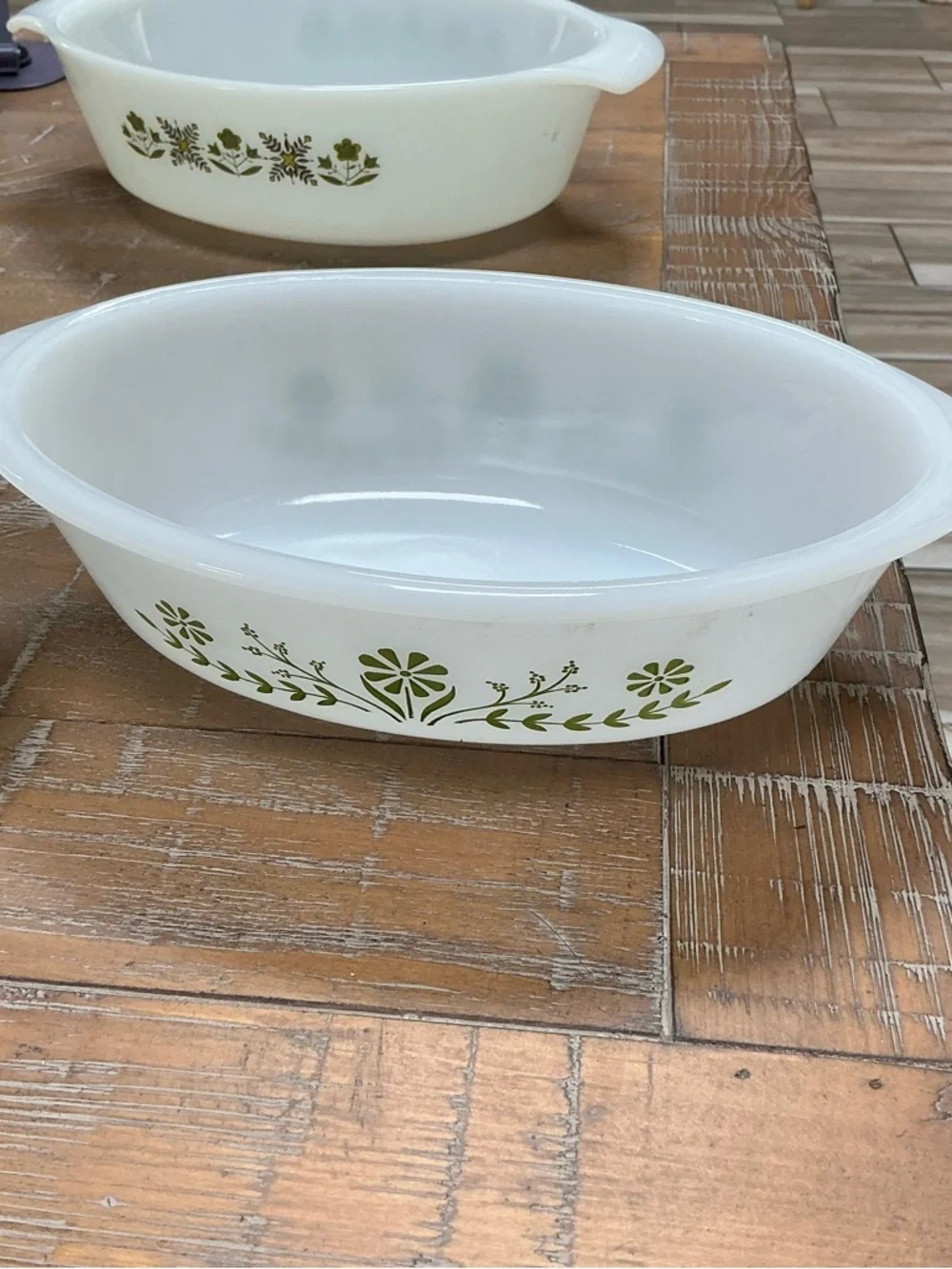 Vintage Green Daisy Casserole Floral Pattern White Milk Glass Serving Bowls Set3